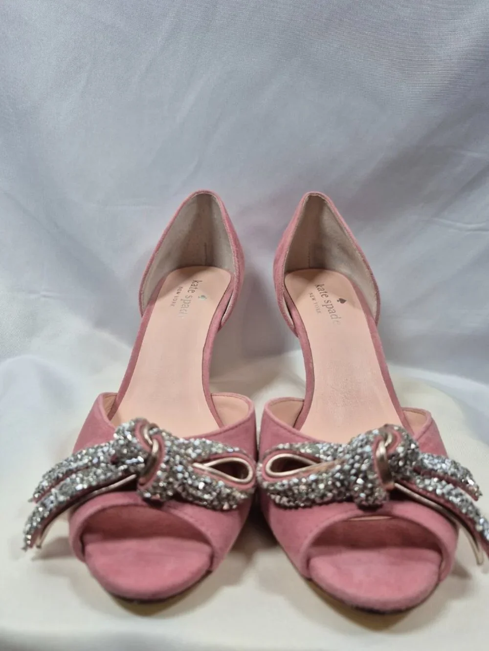 Kate Spade Pink Suede Crystal Bow Peep Toe Heels Size 8